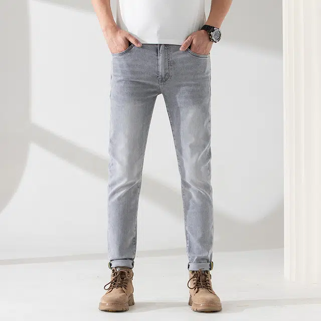 雅鹿 浅色直筒修身百搭休闲中腰水洗耐磨复古做旧牛仔裤 男款 灰白