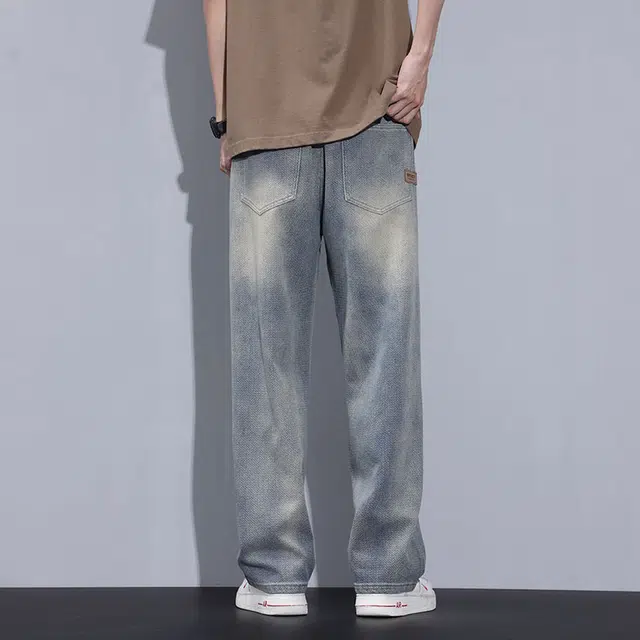 雅鹿 水洗耐磨怀旧宽松牛仔裤 男款