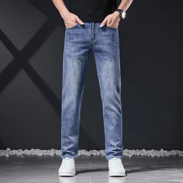 雅鹿 水洗耐磨高街百搭时尚直筒潮牌轻奢商务中腰牛仔裤 男款 蓝色