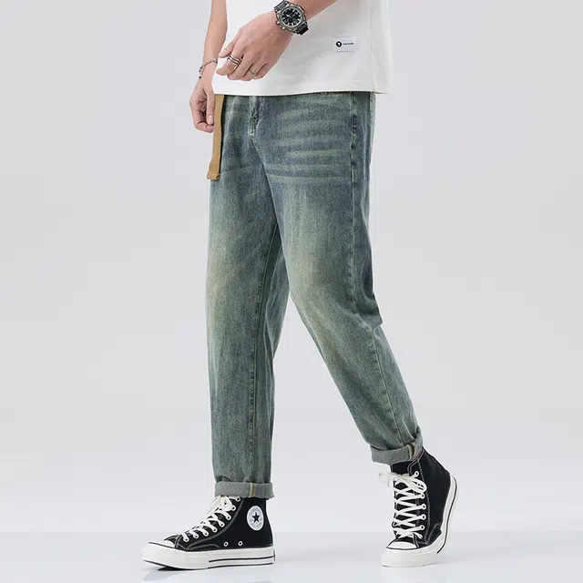 雅鹿 中腰修身百搭直筒九分牛仔裤 男款 蓝色