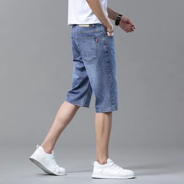 雅鹿 百搭复古水洗薄款耐磨宽松五分牛仔短裤 男款 磨白蓝
