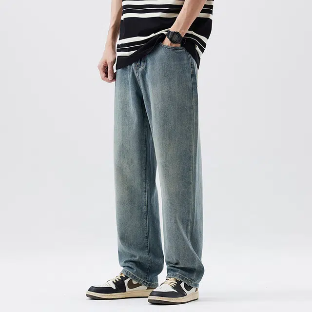 雅鹿 高街美式宽松垂感休闲水洗做旧百搭中腰阔腿牛仔裤 男款 蓝色