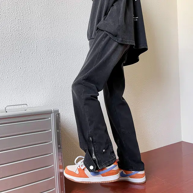 雅鹿 美式复古拉链休闲直筒做旧水洗阔腿牛仔裤 男女同款