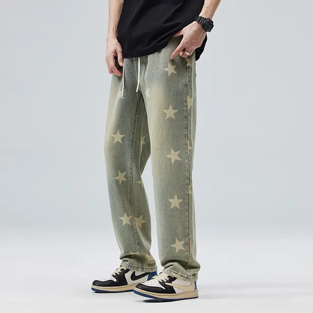 雅鹿 黄泥星星宽松阔腿百搭直筒系带中腰水洗耐磨潮牌牛仔裤 男款 泥黄