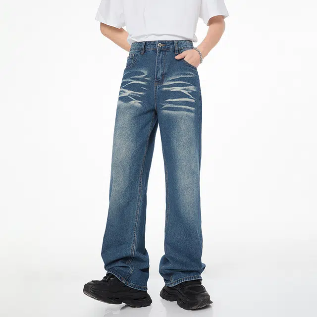 雅鹿 宽松水洗百搭美式高街复古休闲阔腿牛仔裤 男女同款 蓝色