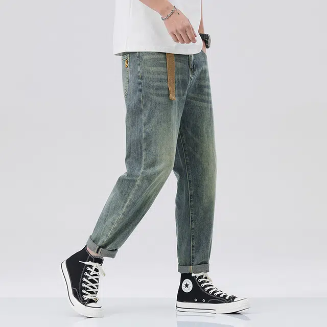 雅鹿 中腰修身百搭直筒九分牛仔裤 男款 蓝色