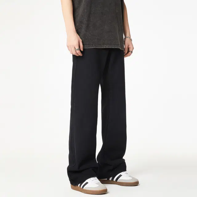 雅鹿 纯色拉链时尚百搭宽松阔腿微喇复古耐磨牛仔裤 男女同款