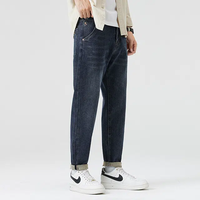 雅鹿 美式纯色做旧中腰拉链修身锥形垂感百搭休闲水洗耐磨牛仔裤 男款 蓝色