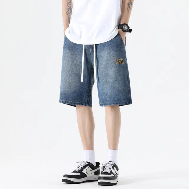 雅鹿 字母纯色松紧腰宽松百搭水洗耐磨休闲薄款牛仔短裤 男款