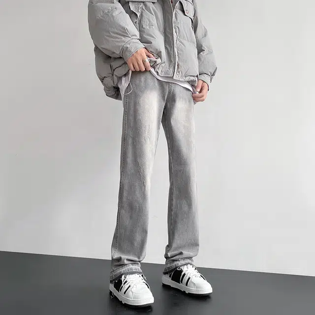 雅鹿 美式高街复古百搭直筒宽松水洗耐磨中腰牛仔裤 男款 浅烟灰