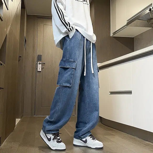 雅鹿 美式复古工装百搭系带宽松牛仔裤 男款