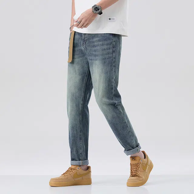 雅鹿 潮牌宽松直筒潮流休闲美式牛仔裤 男款 蓝色