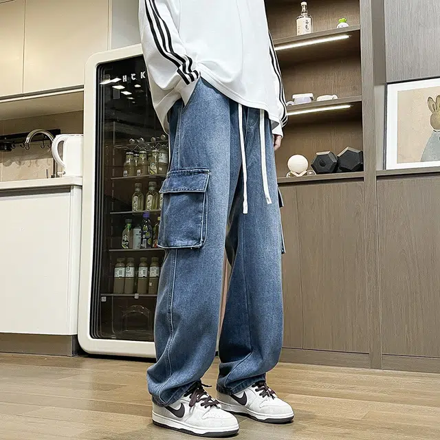 雅鹿 美式复古工装百搭系带宽松牛仔裤 男款