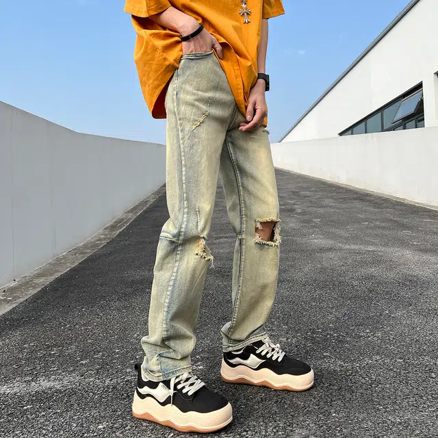 雅鹿 中腰宽松破洞牛仔裤 男女同款 泥黄色