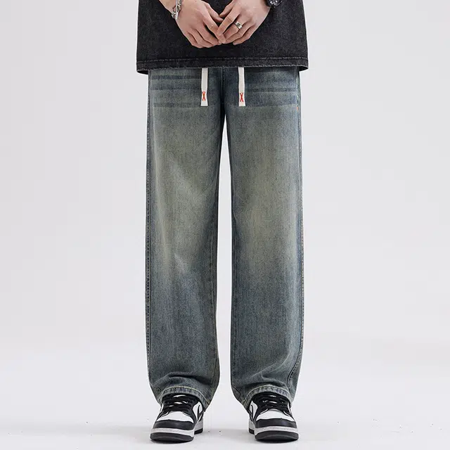 雅鹿 宽松直筒水洗耐磨中腰牛仔裤 男款 复古蓝