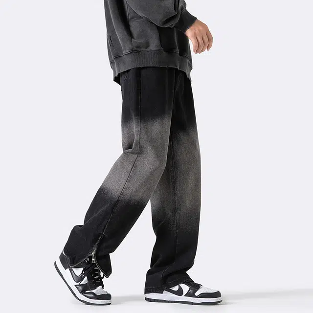 雅鹿 渐变百搭潮牌宽松阔腿百搭直筒休闲垂感显瘦水洗复古牛仔裤 男款 黑色