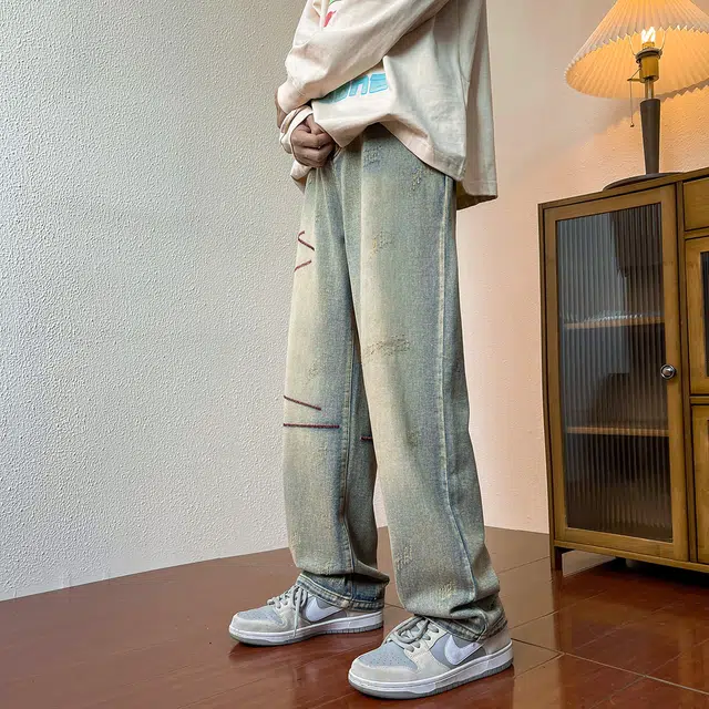 雅鹿 垂感百搭直筒宽松显瘦休闲拖地牛仔裤 男女同款