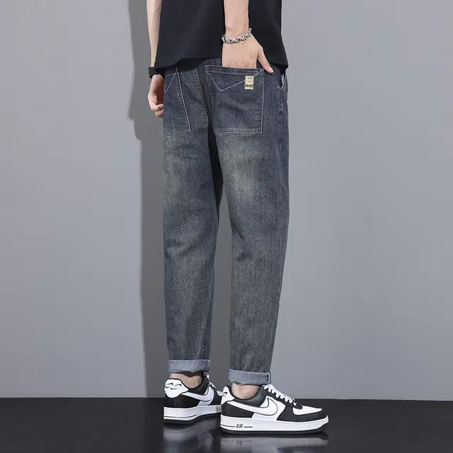 雅鹿 抽绳松紧腰直筒水洗系带牛仔裤 男款 复古蓝