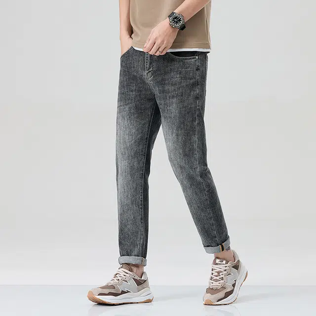 雅鹿 复古水洗做旧宽松弹力直筒休闲百搭牛仔裤 男款 黑灰