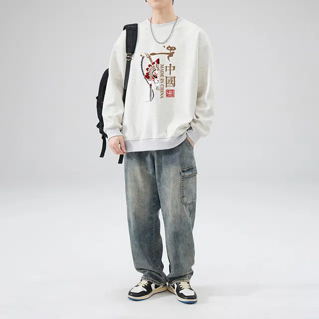 雅鹿 国风宽松圆领长袖国潮衣服落肩卫衣 男款