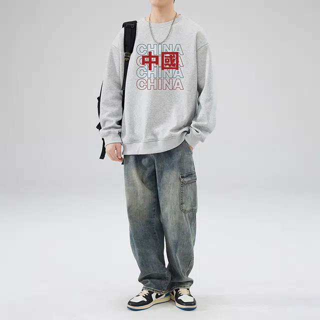 雅鹿 国潮圆领中国风上衣潮牌无帽外套卫衣 男款
