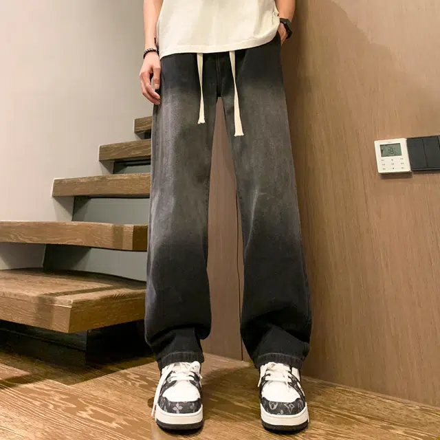 雅鹿 宽松渐变系带垂感百搭休闲水洗耐磨直筒牛仔裤 男款
