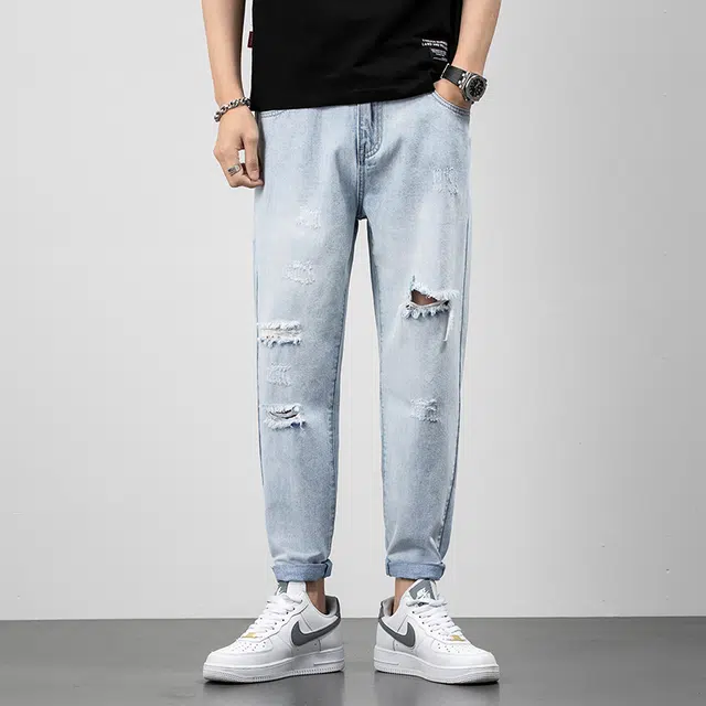 雅鹿 美式高街复古百搭水洗破洞修身直筒牛仔裤 男款 浅蓝