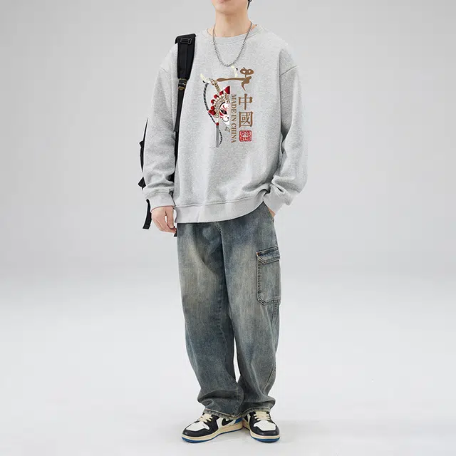 雅鹿 国风宽松圆领长袖国潮衣服落肩卫衣 男款
