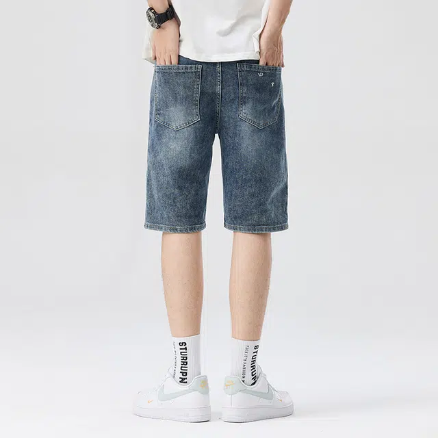 雅鹿 美式复古破洞百搭休闲宽松水洗直筒五分牛仔短裤 男款 蓝色