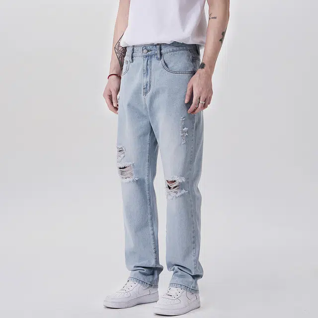 雅鹿 宽松百搭直筒休闲水洗怀旧潮牌高街美式破洞牛仔裤 男款 冰山蓝