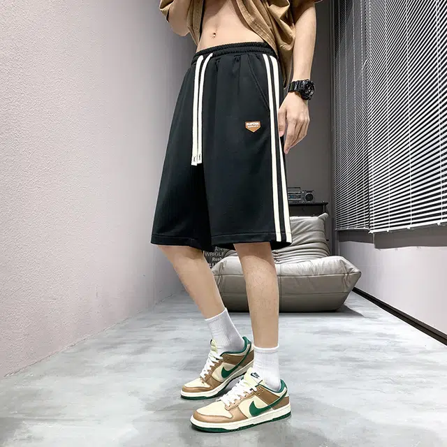 雅鹿 宽松拼色简约百搭运动系带篮球中腰薄款五分休闲短裤 男款