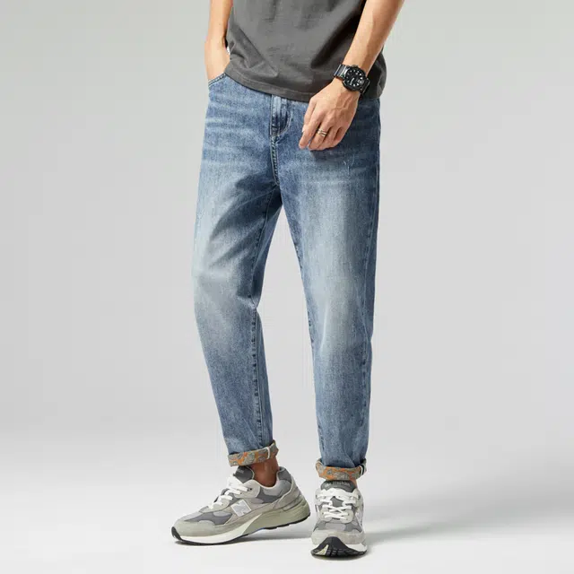 雅鹿 水洗做旧简约穿搭美式宽松直筒裤潮牌休闲长裤牛仔裤 男款 蓝色