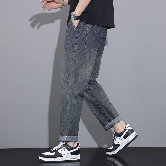 雅鹿 抽绳松紧腰直筒水洗系带牛仔裤 男款 复古蓝