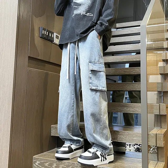 雅鹿 美式复古工装百搭系带宽松牛仔裤 男款