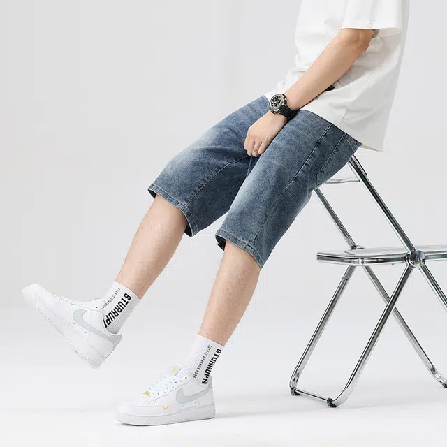 雅鹿 水洗耐磨休闲直筒百搭时尚薄款五分牛仔短裤 男款 蓝色