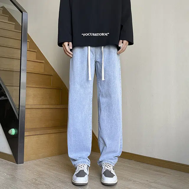 雅鹿 复古直筒系带松紧腰水洗宽松休闲百搭牛仔裤 男款