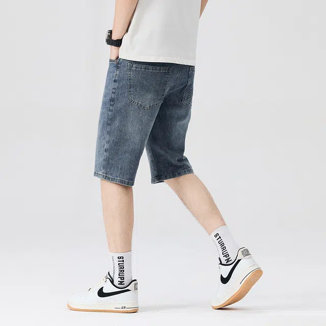 雅鹿 休闲百搭宽松薄款直筒五分裤牛仔短裤 男款 蓝色