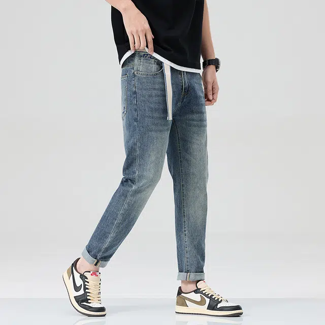 雅鹿 美式百搭直筒薄款弹力休闲耐磨牛仔裤 男款 蓝色