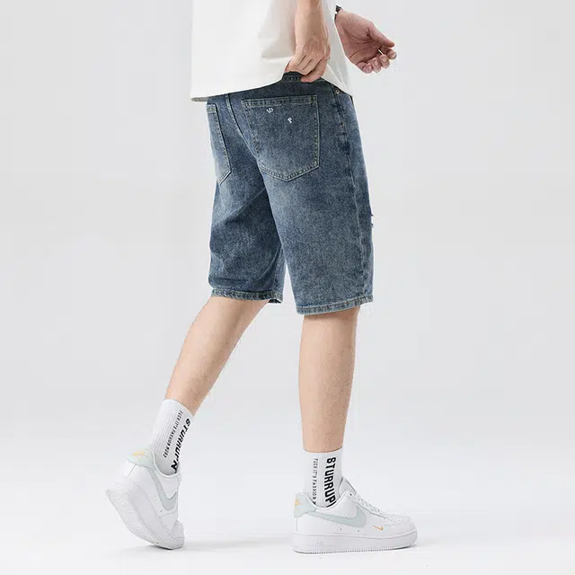 雅鹿 美式复古破洞百搭休闲宽松水洗直筒五分牛仔短裤 男款 蓝色