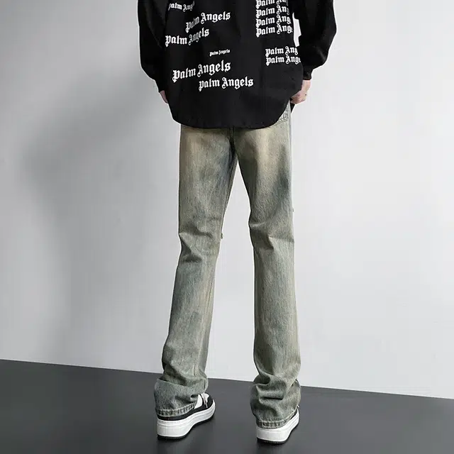 雅鹿 高街美式复古潮牌破洞直筒宽松水洗耐磨中腰牛仔裤 男款 黄泥