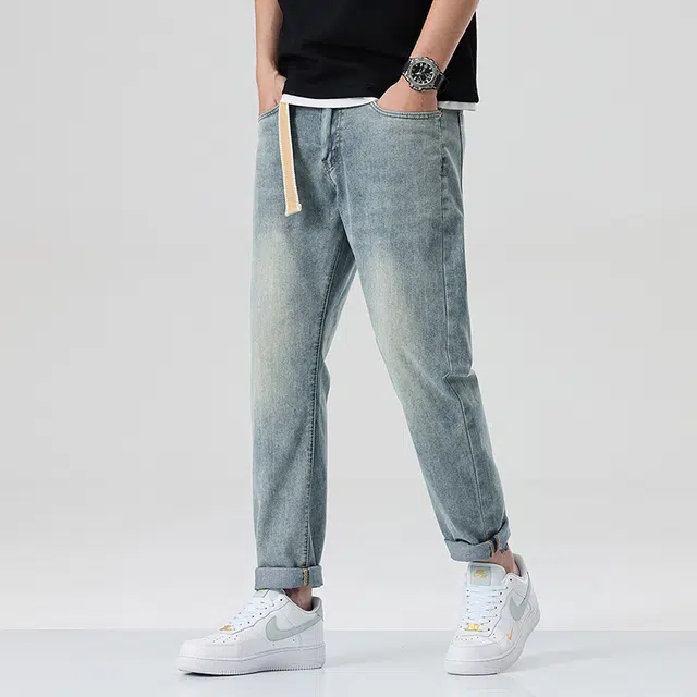 雅鹿 宽松直筒水洗做旧弹力休闲百搭牛仔裤 男款 蓝色