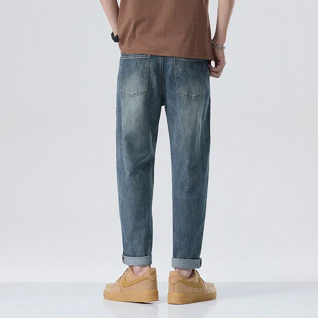 雅鹿 直筒九分中腰拉链牛仔裤 男款 蓝色
