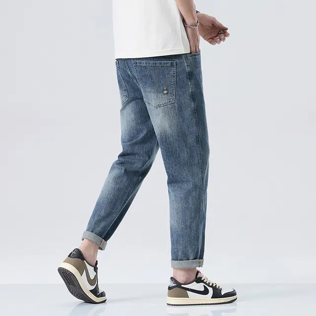 雅鹿 复古宽松水洗潮流哈伦系带牛仔裤 男款 蓝灰