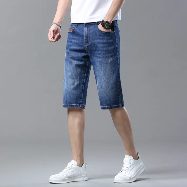 雅鹿 宽松阔腿中裤薄款休闲水洗耐磨百搭潮牌五分牛仔短裤 男款 蓝色