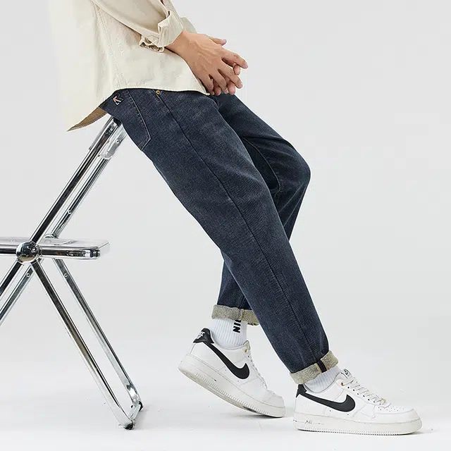 雅鹿 美式纯色做旧中腰拉链修身锥形垂感百搭休闲水洗耐磨牛仔裤 男款 蓝色