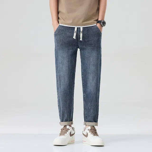 雅鹿 抽绳美式复古直筒休闲百搭水洗耐磨牛仔裤 男款