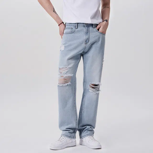 雅鹿 宽松百搭直筒休闲水洗怀旧潮牌高街美式破洞牛仔裤 男款 冰山蓝