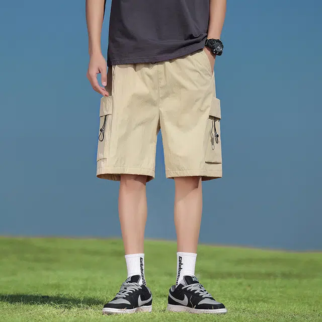 雅鹿 纯色中腰系带宽松五分休闲短裤 男款