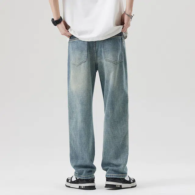 雅鹿 复古阔腿垂感百搭宽松直筒水洗做旧耐磨休闲牛仔裤 男款 蓝色