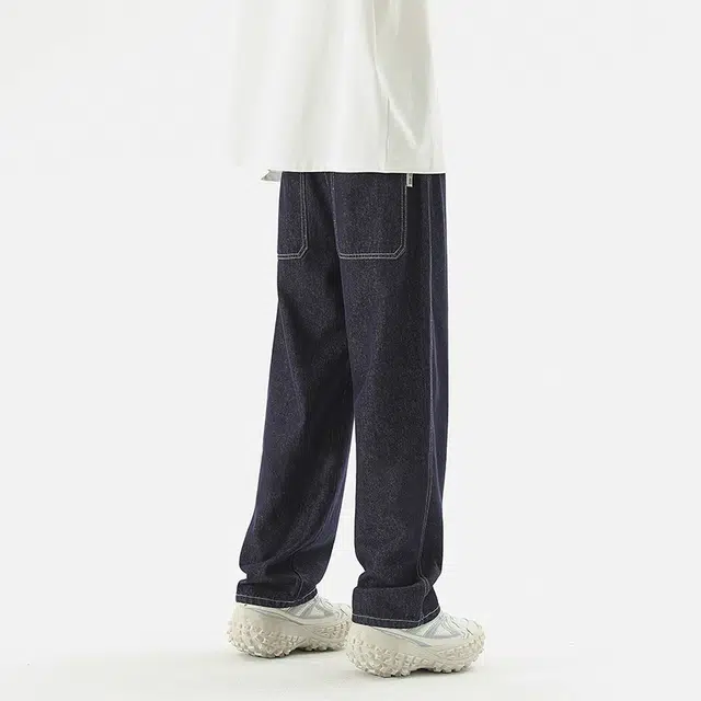 雅鹿 纯色中腰系带简约宽松百搭阔腿牛仔裤 男款 蓝黑